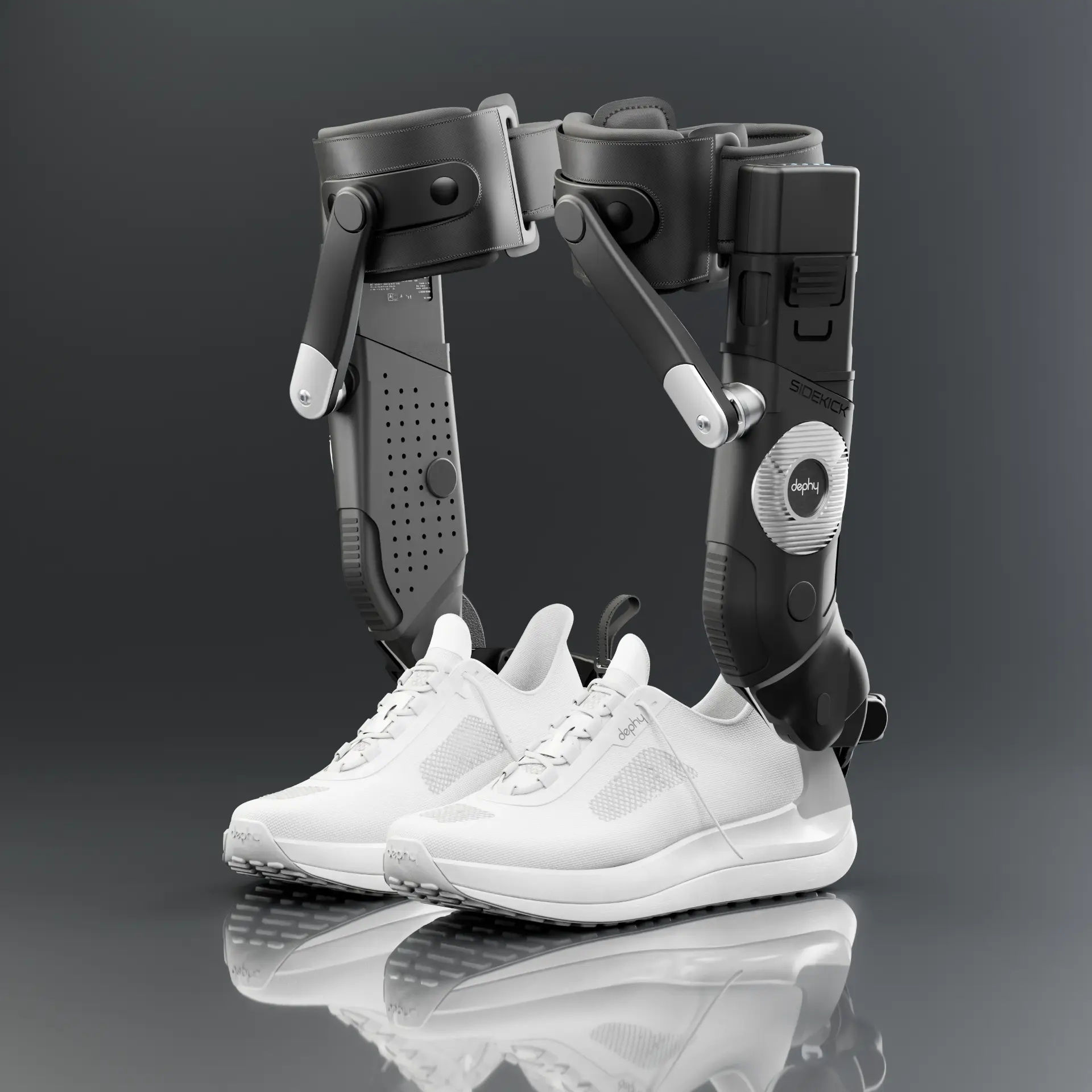 Dephy Sidekick powered footwear on white sneakers, shown as a studio product photo on a dark reflective floor