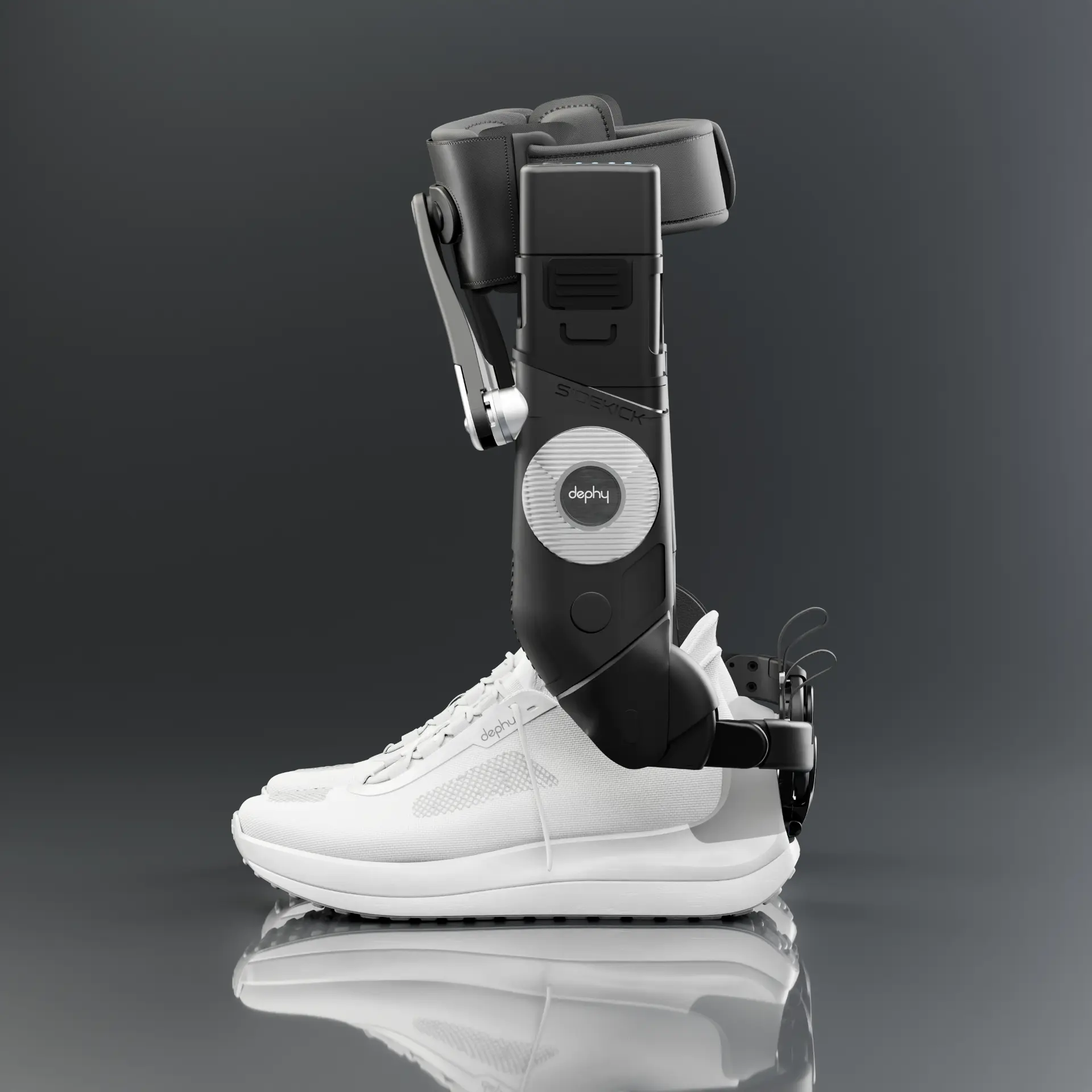 Side view of the Dephy Sidekick robot on a white sneaker over a dark reflective floor